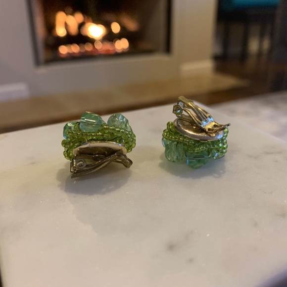 Braided Lime Green Beaded Earrings Clip-on - Picture 2 of 4